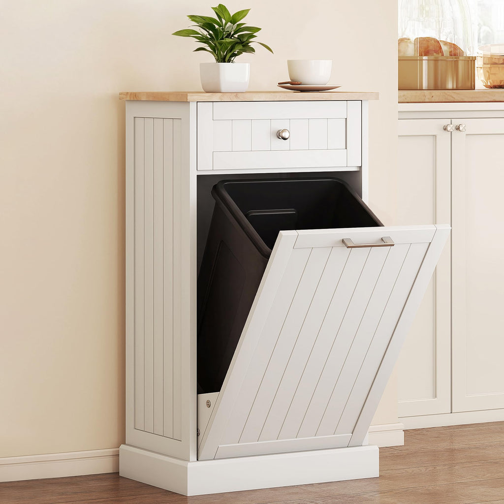 White Wooden 10 Gallon Tilt-Out Trash Cabinet with Drawer Z64769