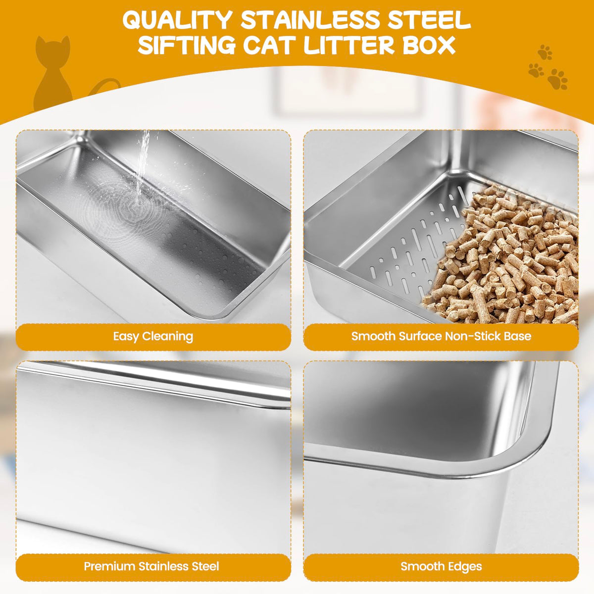 Stainless Steel Sifting Cat Litter Box with Scoop and Pee Pad E664