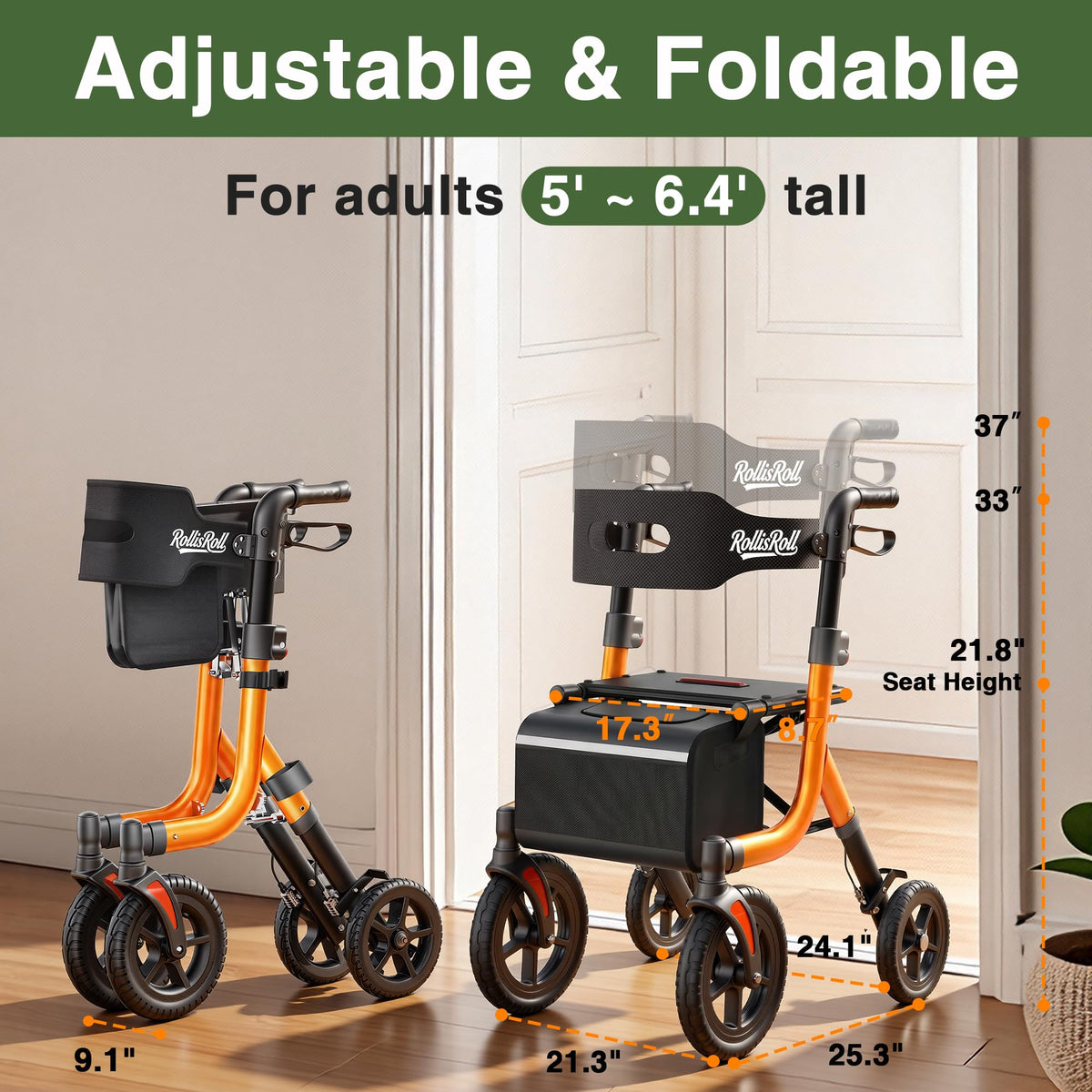 Orange Foldable All Terrain Rollator Walker with Seat Z39795