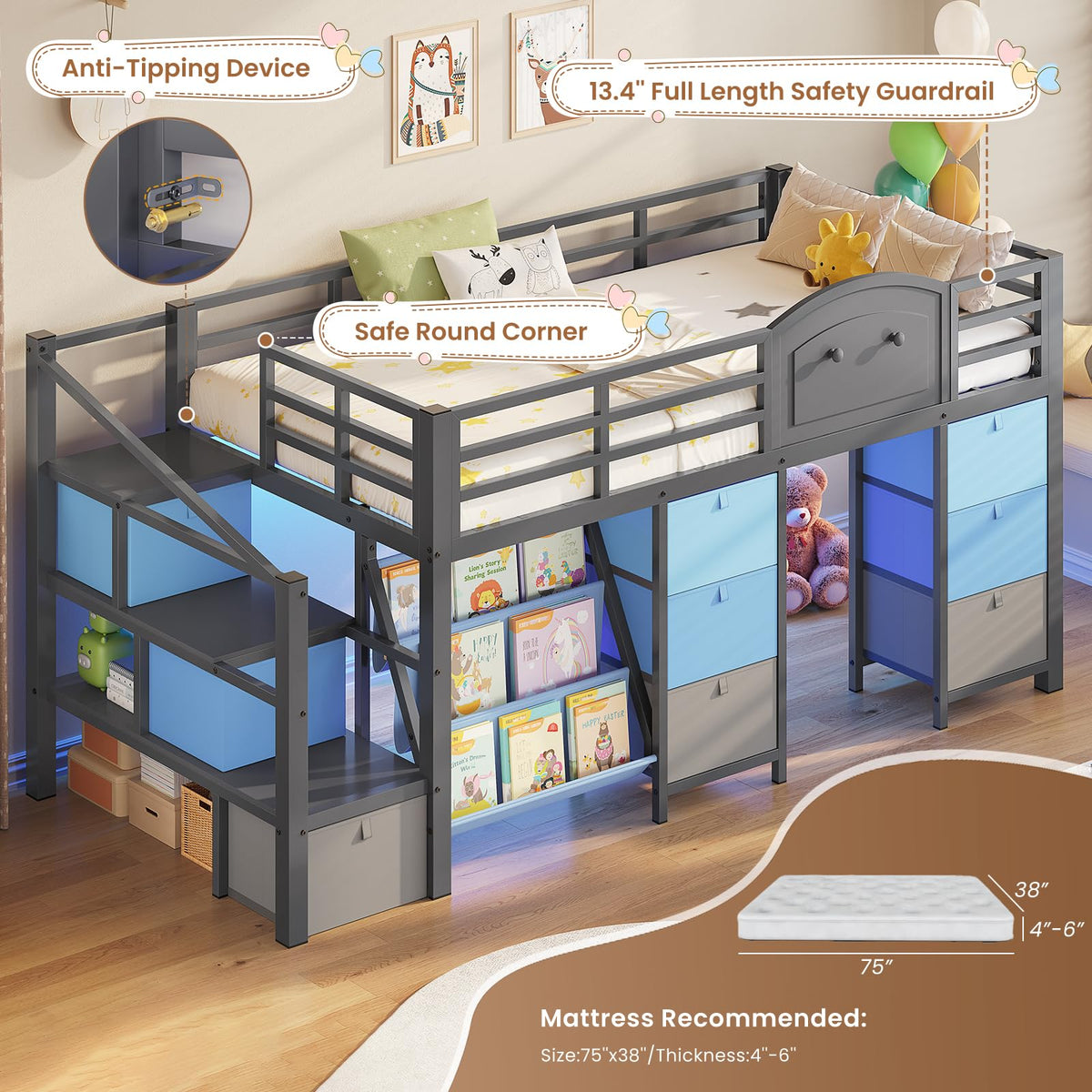 Twin Size Low Loft Bed with 9 Storage Drawers and Staircase S308333