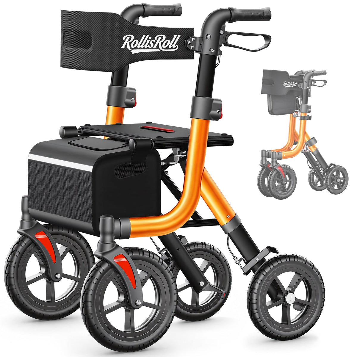 Orange Foldable All Terrain Rollator Walker with Seat Z39795