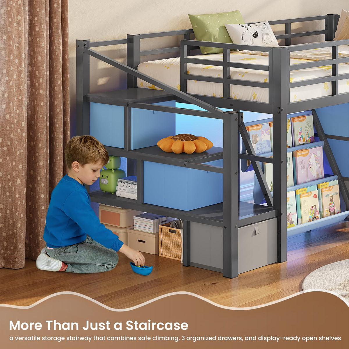 Twin Size Low Loft Bed with 9 Storage Drawers and Staircase S308333
