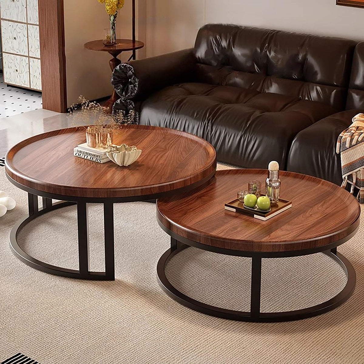 Round Nesting Coffee Tables 2-Piece Set Wood Top Metal Frame V42960