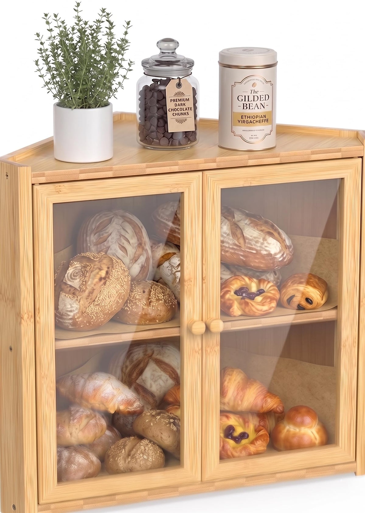 Double Layer Bamboo Bread Box with Clear Windows and Double Doors A548