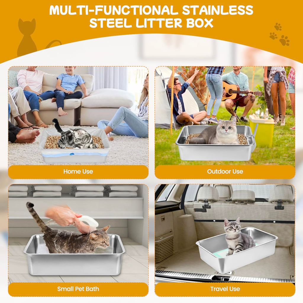 Stainless Steel Sifting Cat Litter Box with Scoop and Pee Pad E664