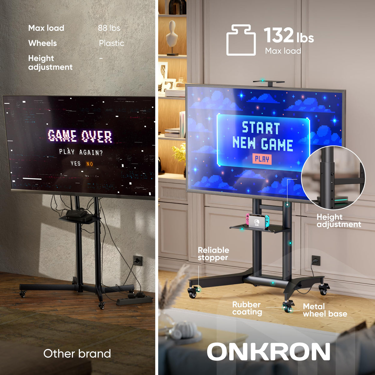Mobile TV Stand on Wheels 32-75 Inch Black W370284