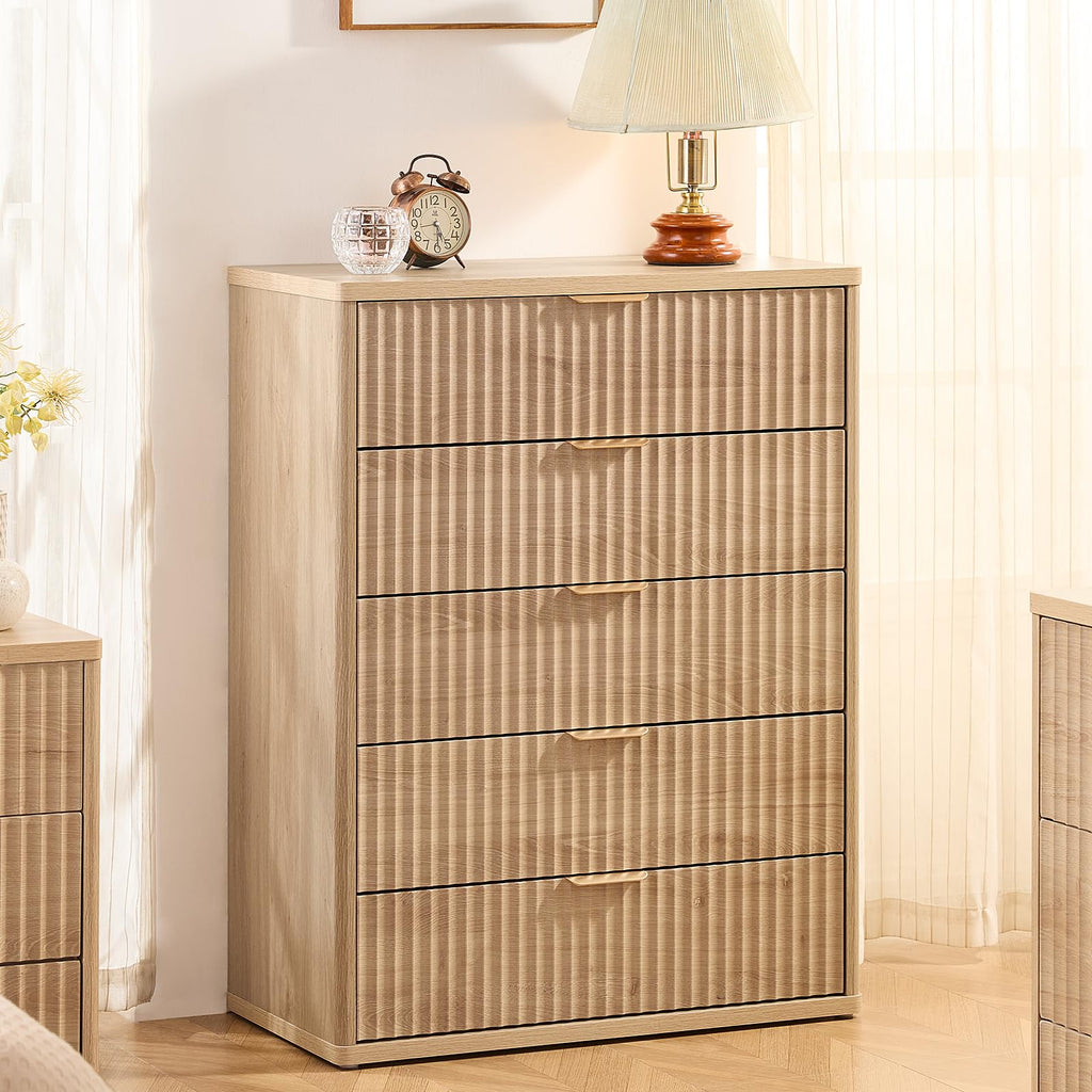 Fluted 5 Drawers Natural Wood Dresser F174240