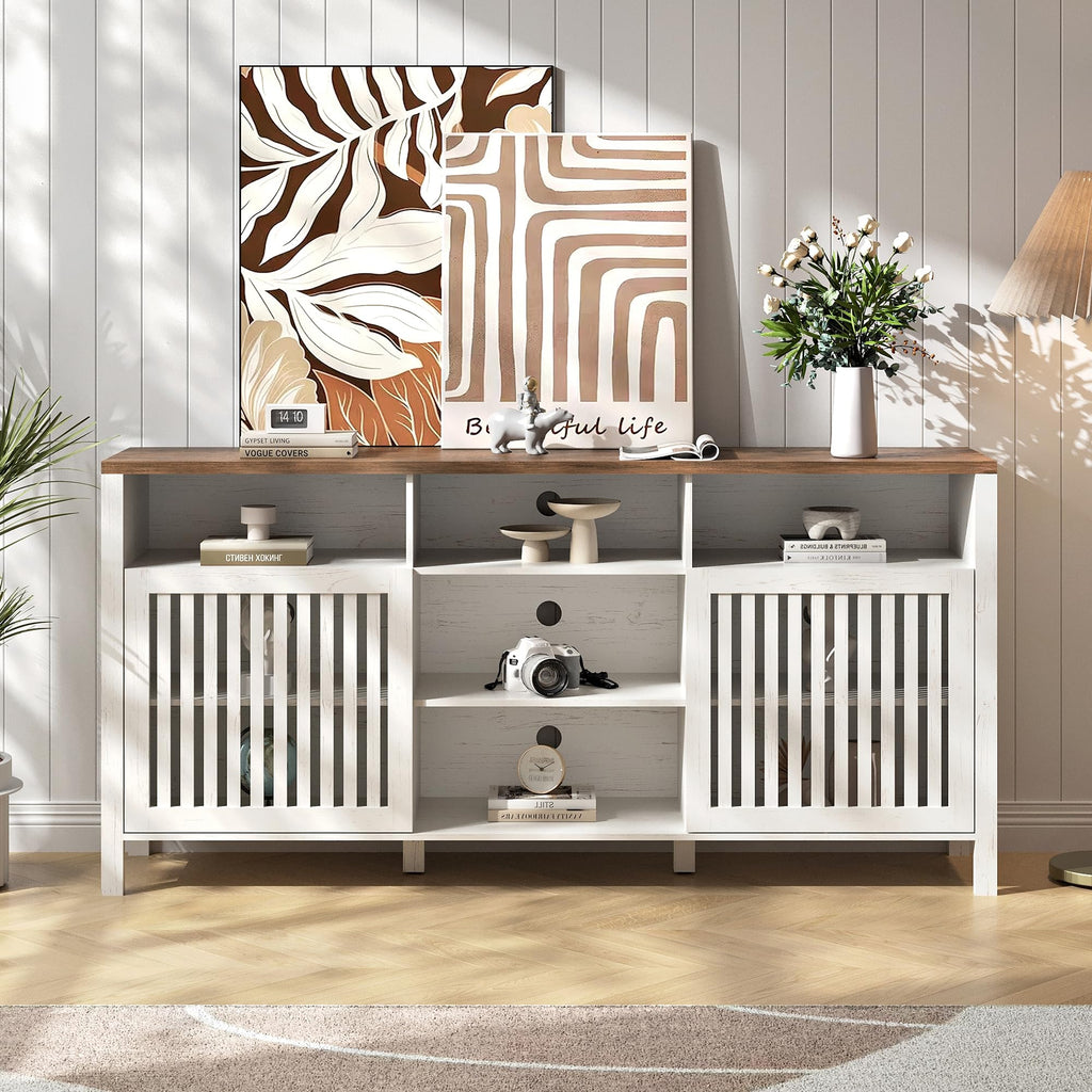 White TV Stand with Grille Doors and Adjustable Shelves V864