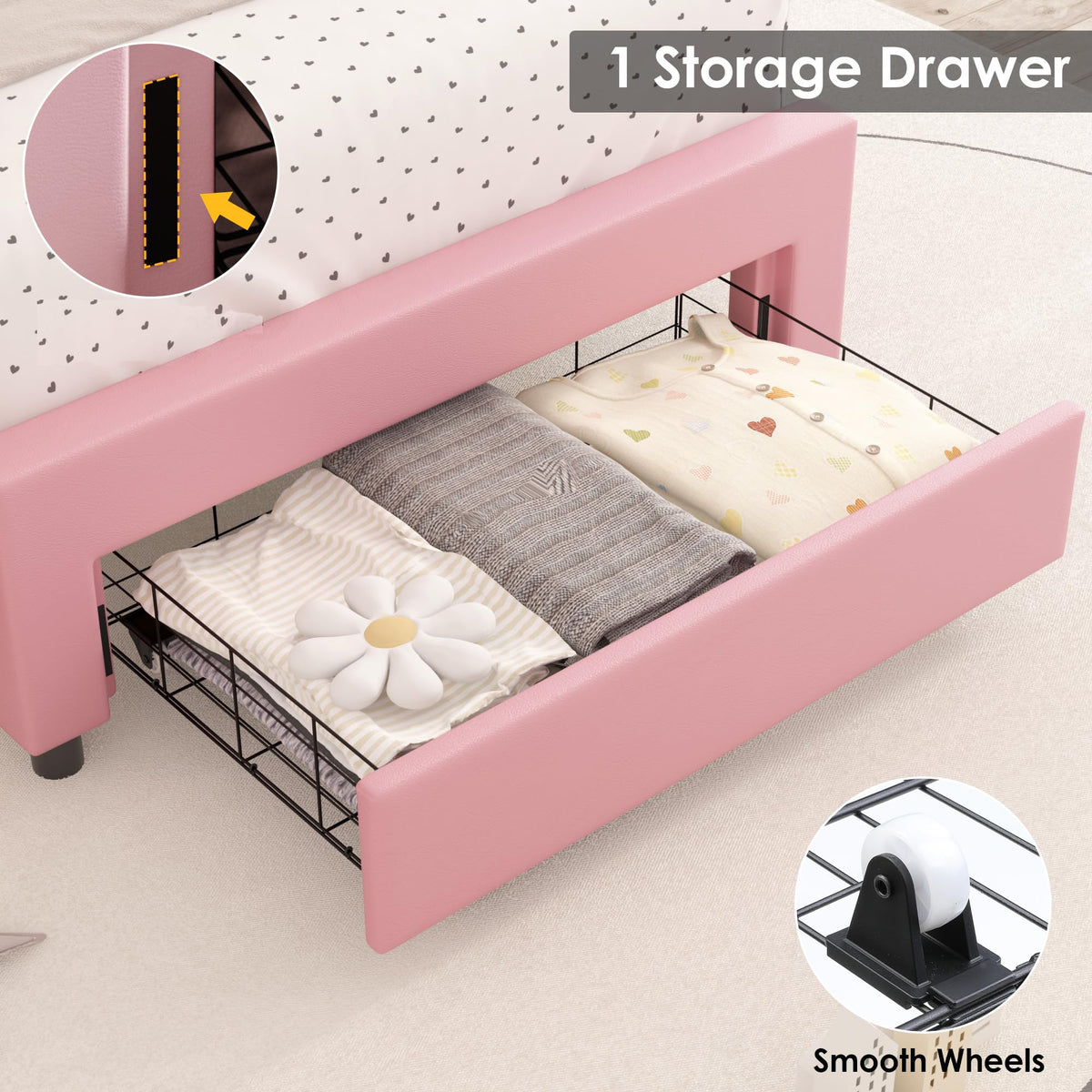 Pink Twin Upholstered Platform Bed Frame with Storage Drawer I68492