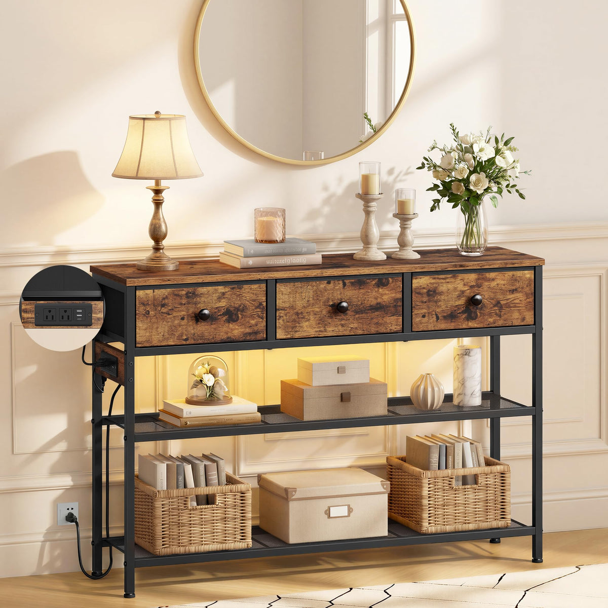 Console Table with Power Outlets and LED Lights D6713