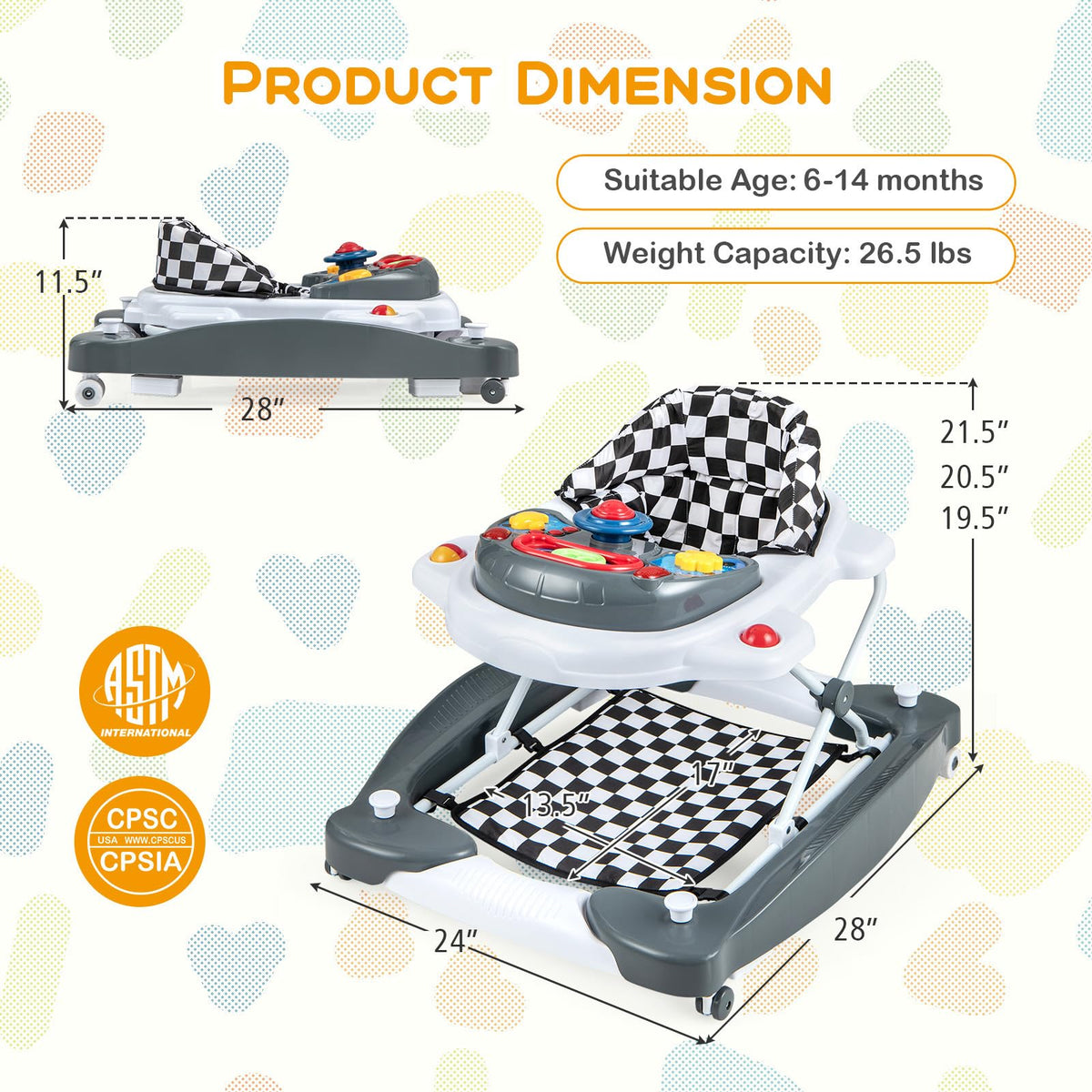 Foldable Adjustable Baby Walker with Wheels V667