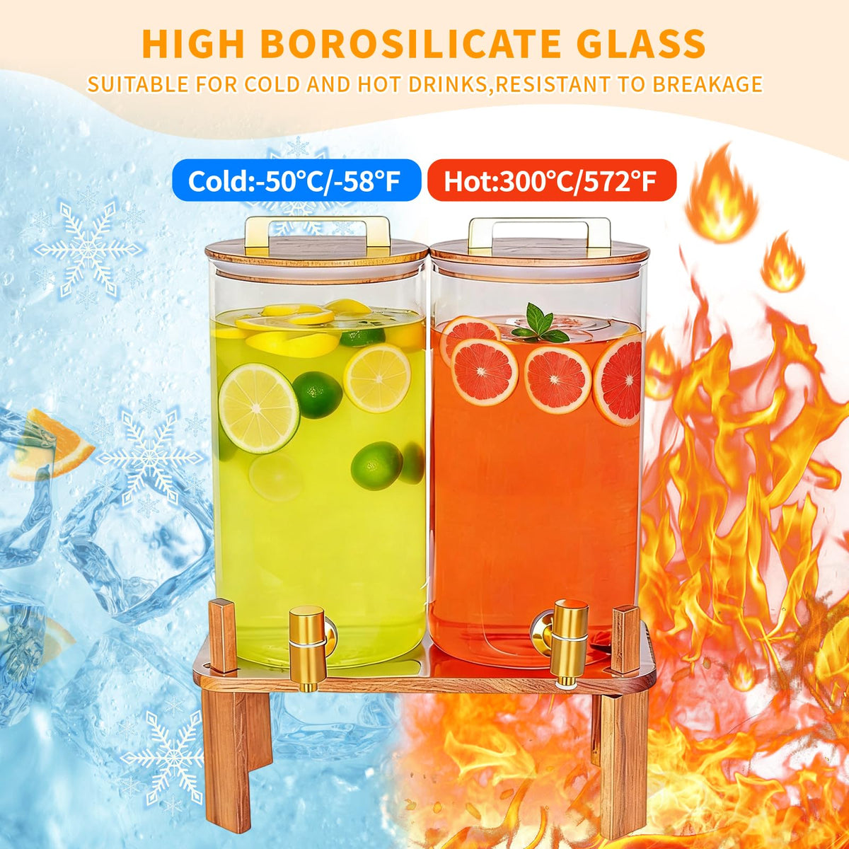 2 Pack 1.5 Gallon Glass Beverage Dispenser with Wooden Lid R614