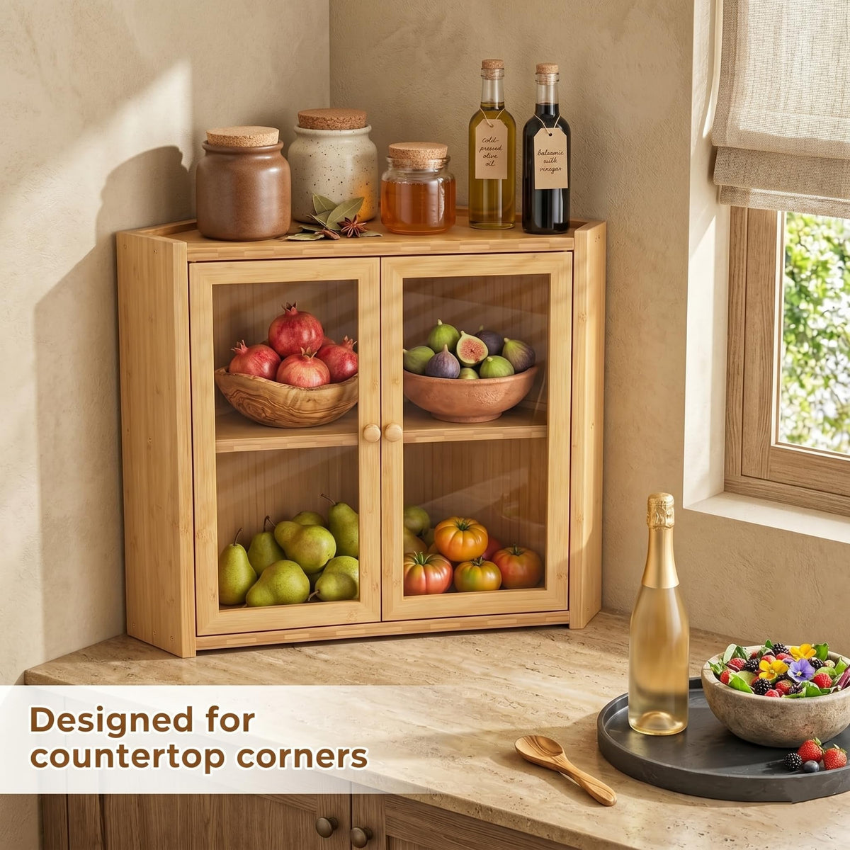 Double Layer Bamboo Bread Box with Clear Windows and Double Doors A548