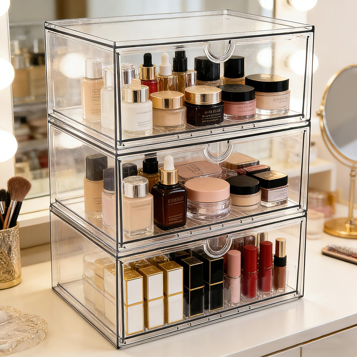 Acrylic Makeup Organizer, 3 Pack Stackable Clear Storage Drawers L720