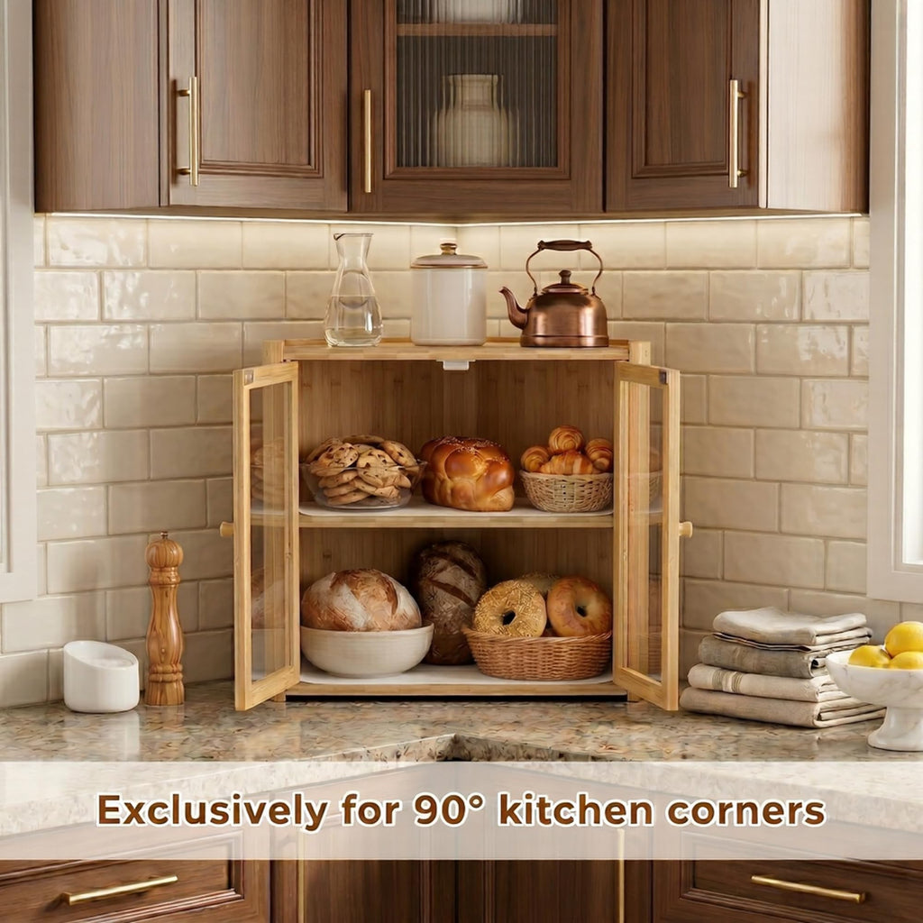 Double Layer Bamboo Bread Box with Clear Windows and Double Doors A548