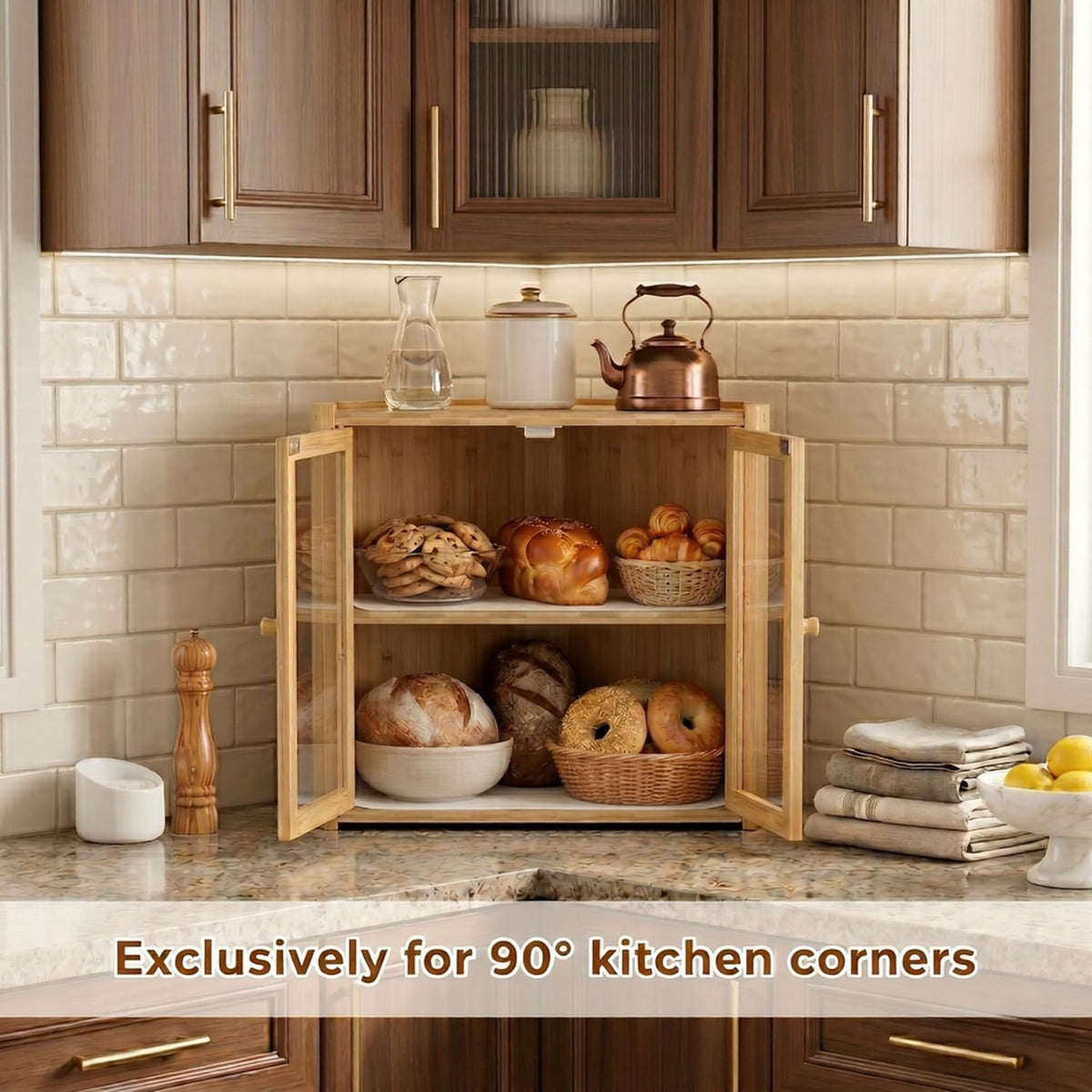 Double Layer Bamboo Bread Box with Clear Windows and Double Doors A548