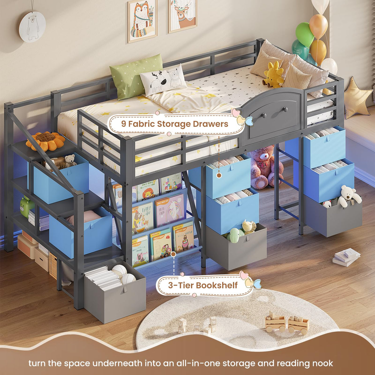 Twin Size Low Loft Bed with 9 Storage Drawers and Staircase S308333
