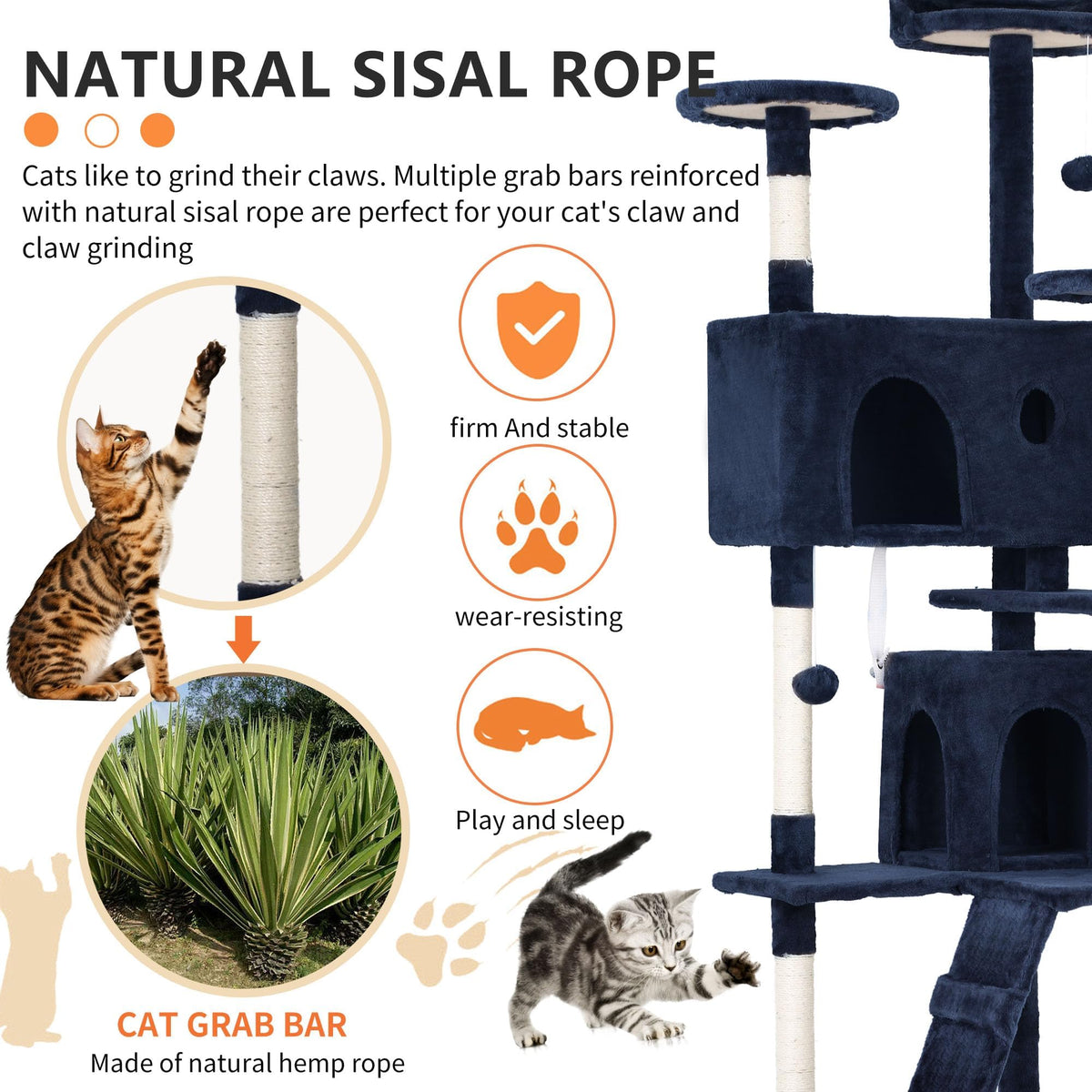 70 Inch Navy Blue Cat Tree Tower with Scratching Post F41854