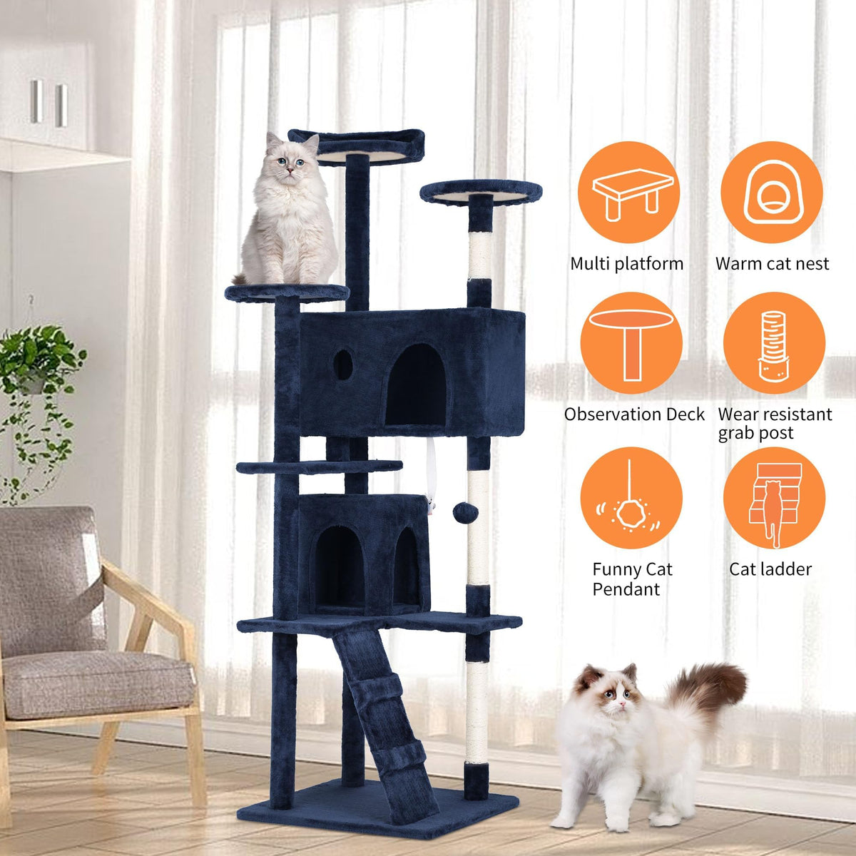 70 Inch Navy Blue Cat Tree Tower with Scratching Post F41854