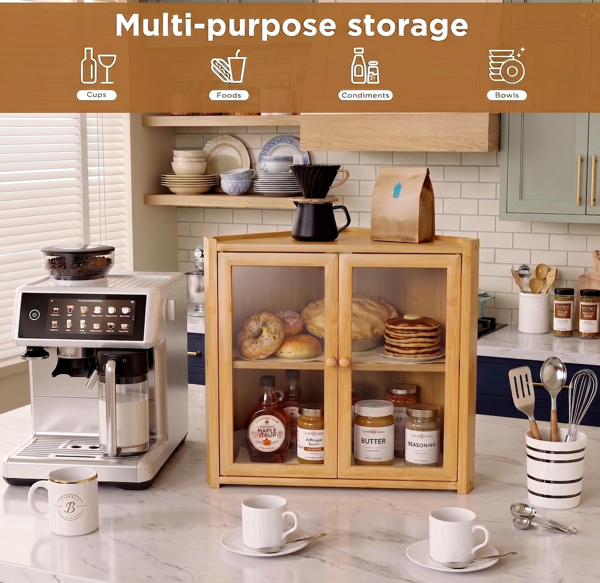 Double Layer Bamboo Bread Box with Clear Windows and Double Doors A548
