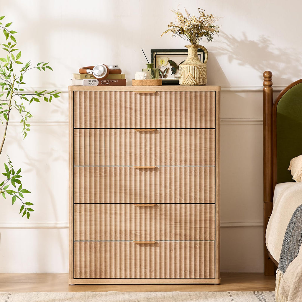 Fluted 5 Drawers Natural Wood Dresser F174240
