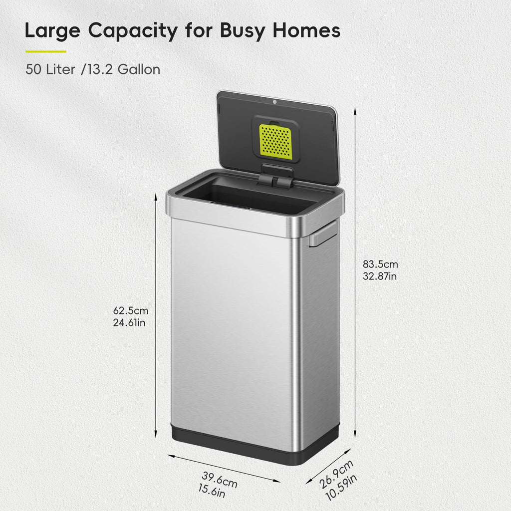 50 Liter Touchless Rectangular Motion Sensor Trash Can, Matte Stainless Steel W7612