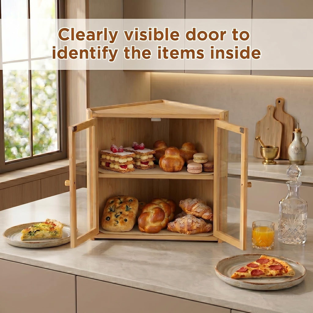 Double Layer Bamboo Bread Box with Clear Windows and Double Doors A548