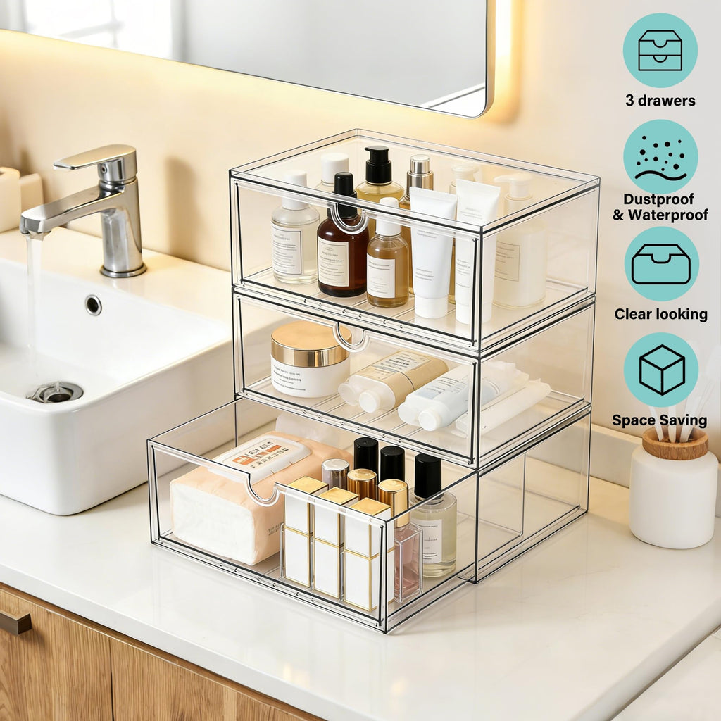 Acrylic Makeup Organizer, 3 Pack Stackable Clear Storage Drawers L720