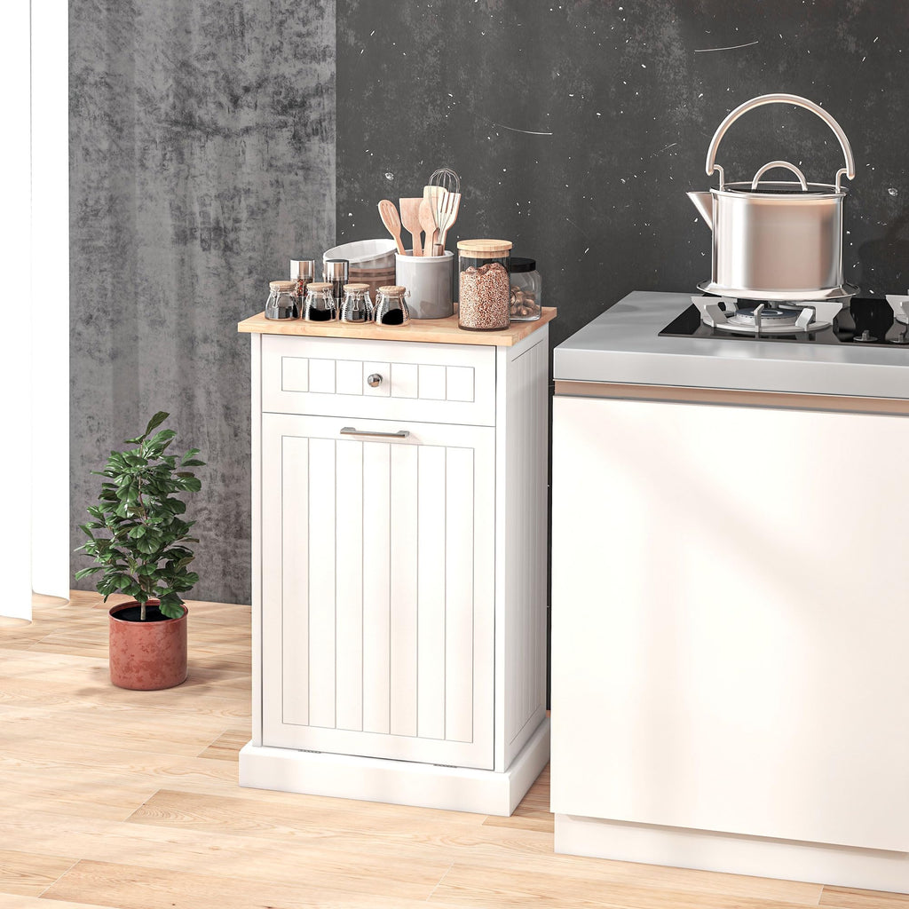 White Wooden 10 Gallon Tilt-Out Trash Cabinet with Drawer Z64769