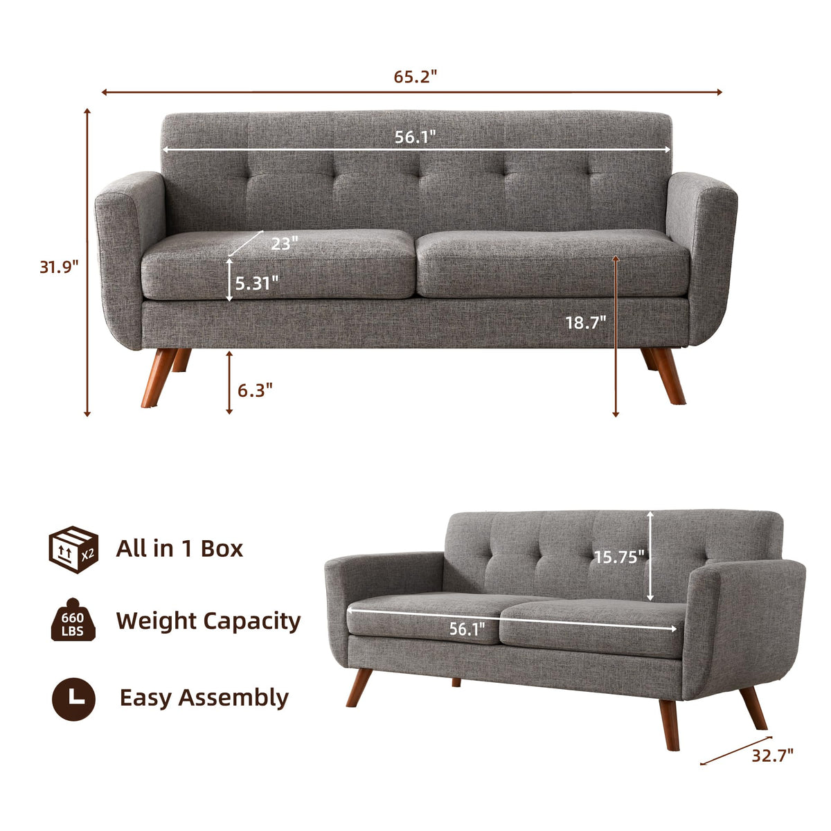 65" Grey Button Tufted Upholstered Loveseat Sofa Q327