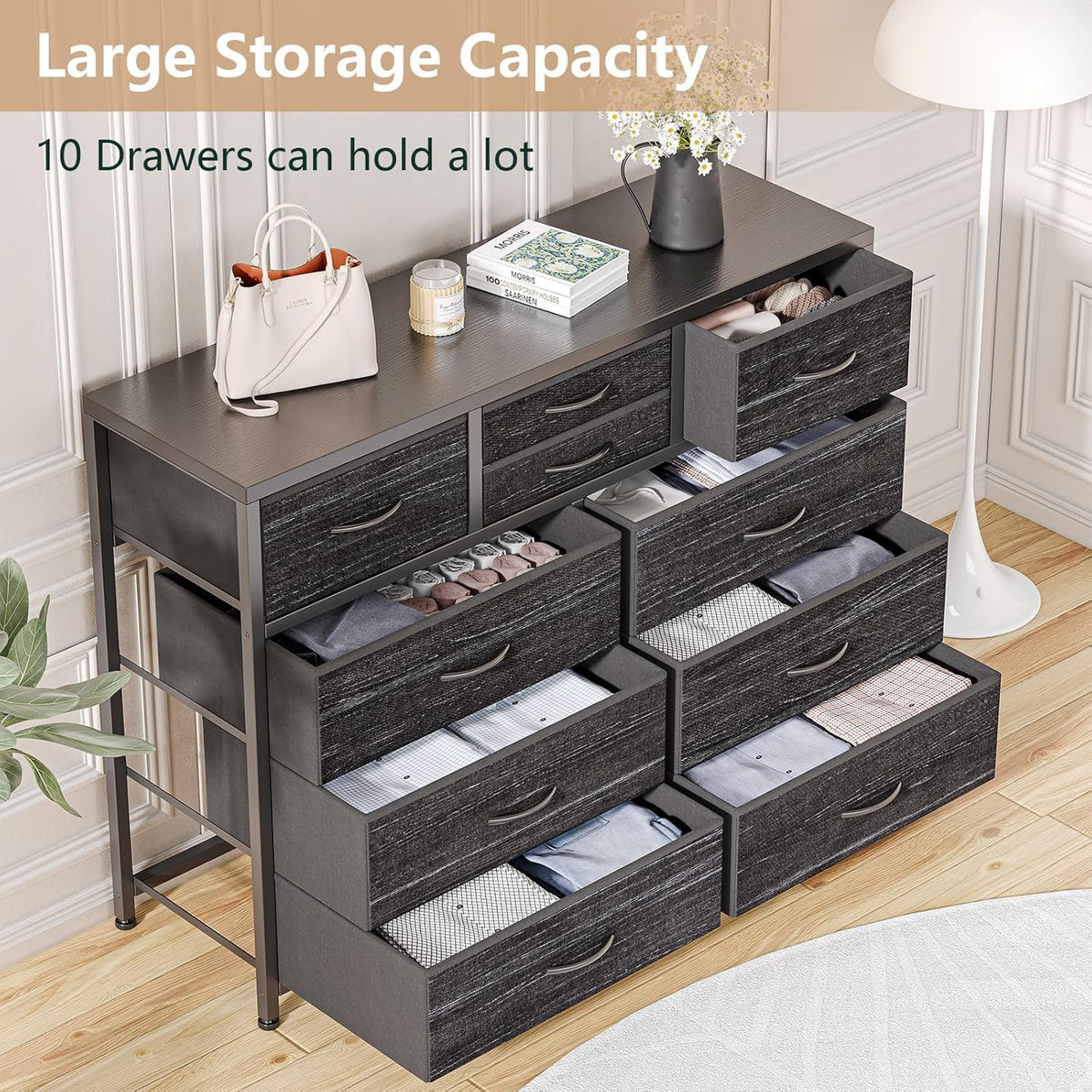 10 Drawer Fabric Dresser with Wood Top F957979