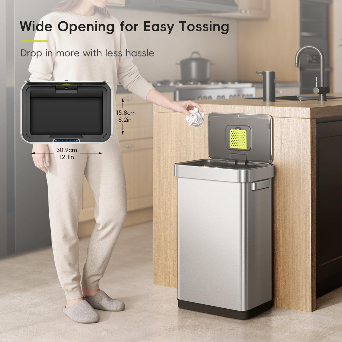 50 Liter Touchless Rectangular Motion Sensor Trash Can, Matte Stainless Steel W7612