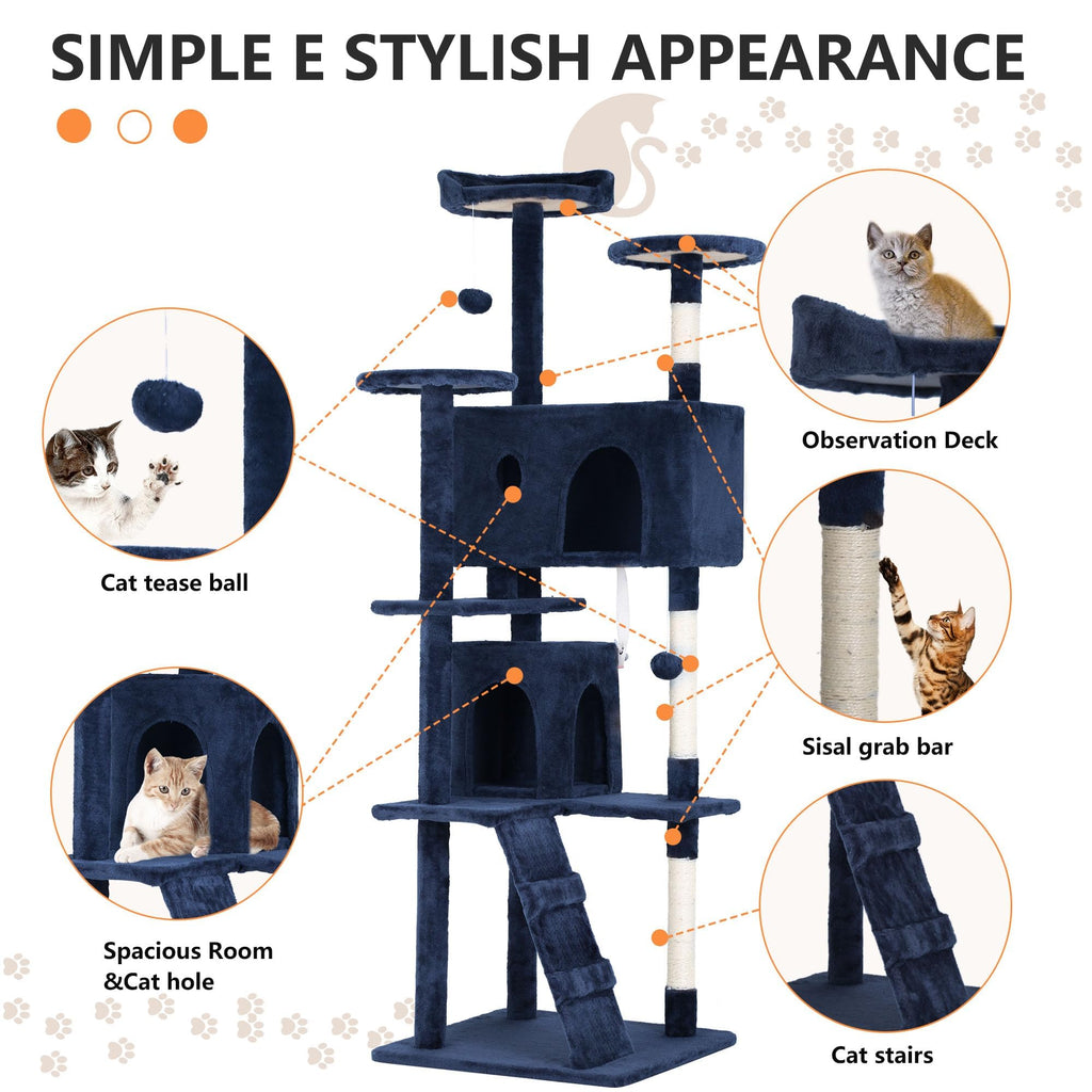 70 Inch Navy Blue Cat Tree Tower with Scratching Post F41854