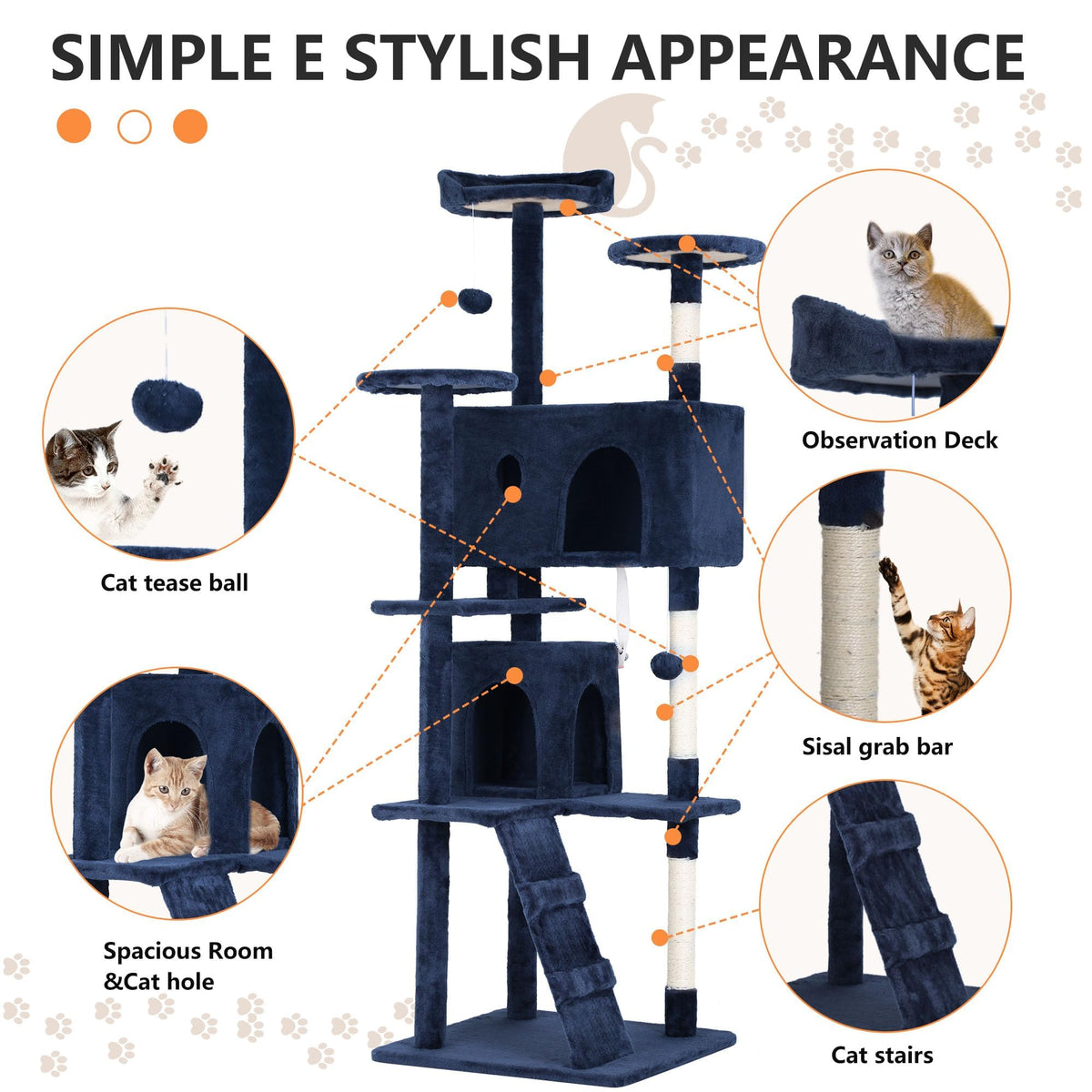 70 Inch Navy Blue Cat Tree Tower with Scratching Post F41854