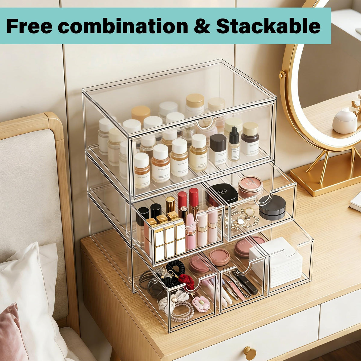Acrylic Makeup Organizer, 3 Pack Stackable Clear Storage Drawers L720