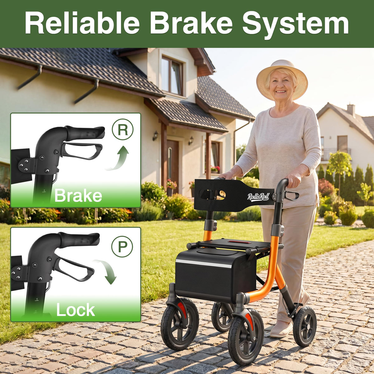 Orange Foldable All Terrain Rollator Walker with Seat Z39795