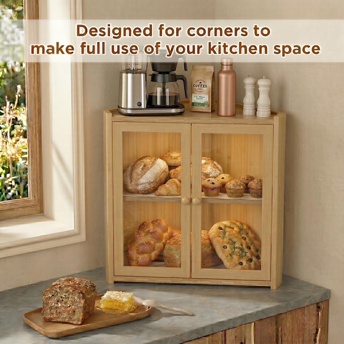Double Layer Bamboo Bread Box with Clear Windows and Double Doors A548