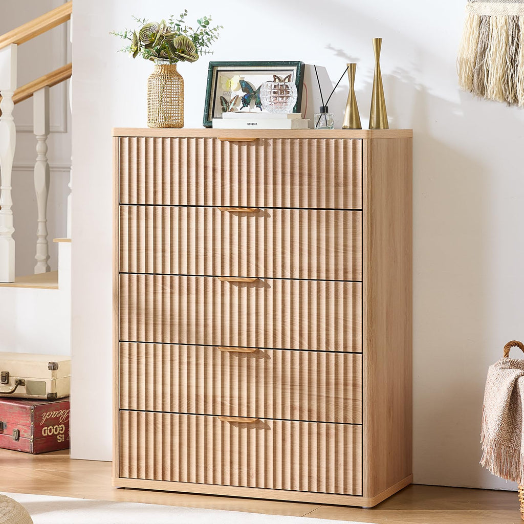 Fluted 5 Drawers Natural Wood Dresser F174240