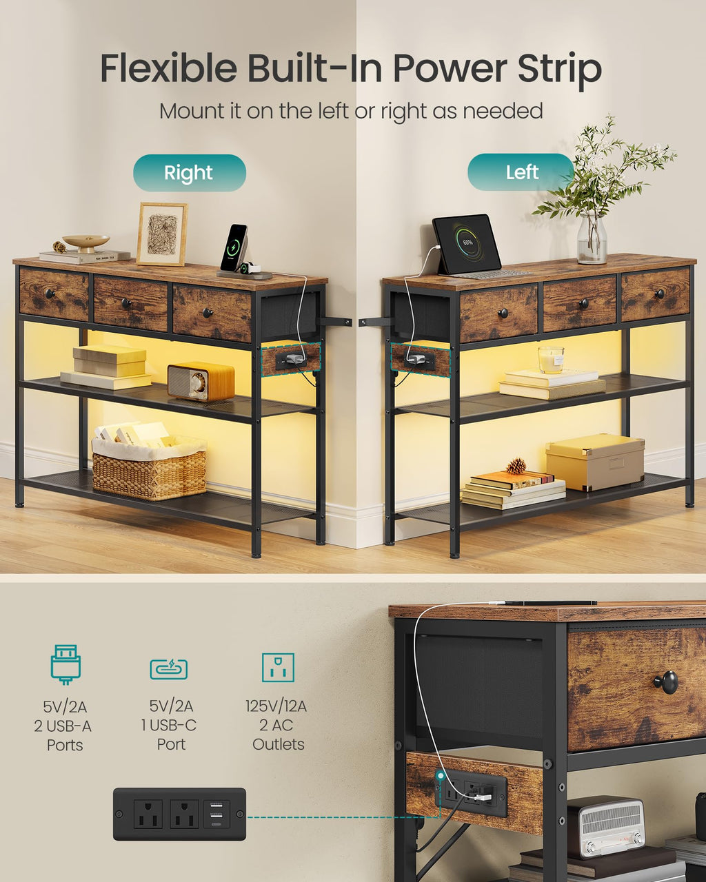 Console Table with Power Outlets and LED Lights D6713