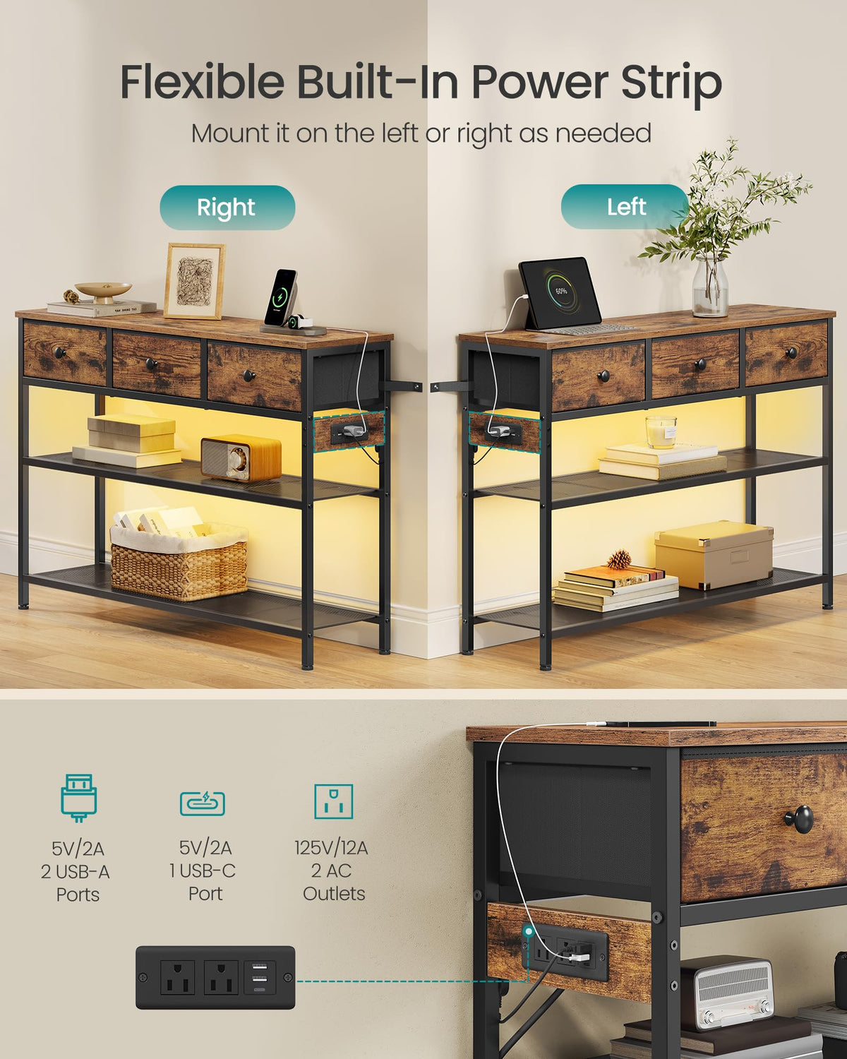 Console Table with Power Outlets and LED Lights D6713