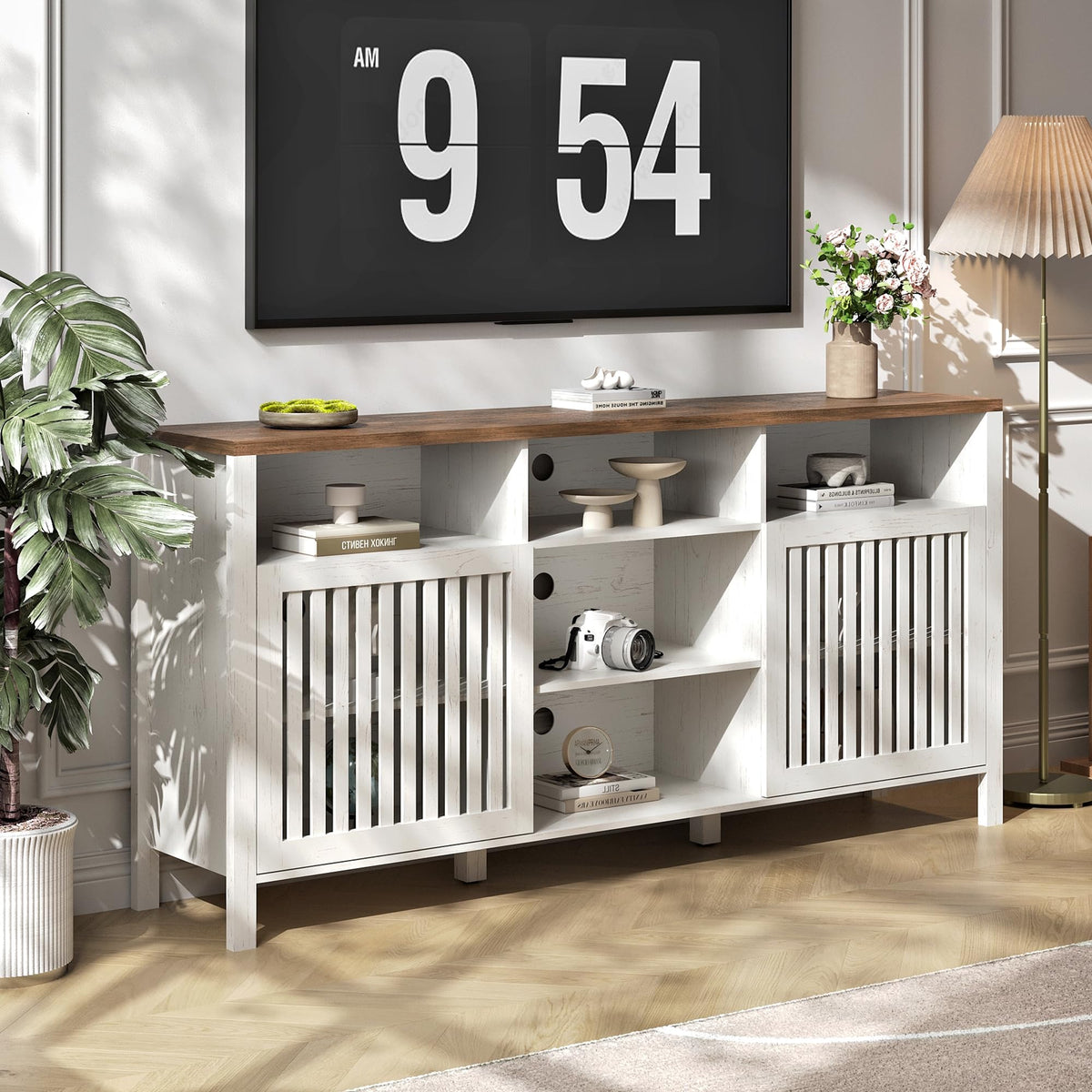 White TV Stand with Grille Doors and Adjustable Shelves V864