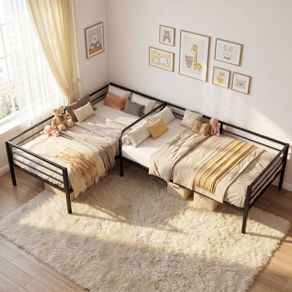 Black L Shaped Twin Beds with Rails Z2873