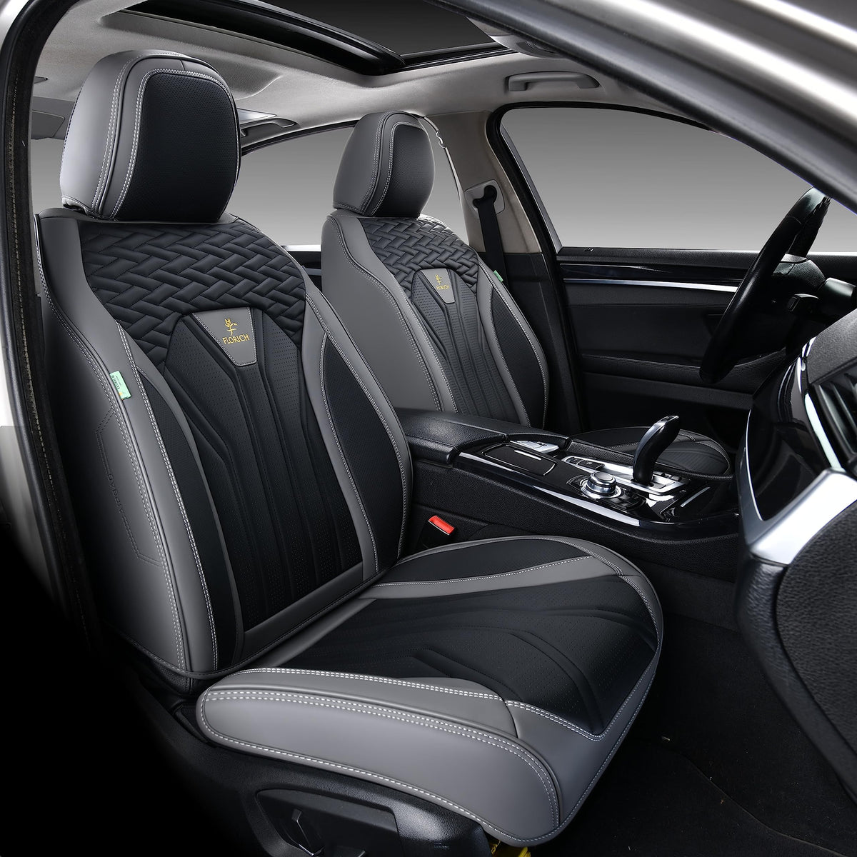 Leather Seat Covers Full Set 5 Seats Gray Black D31935