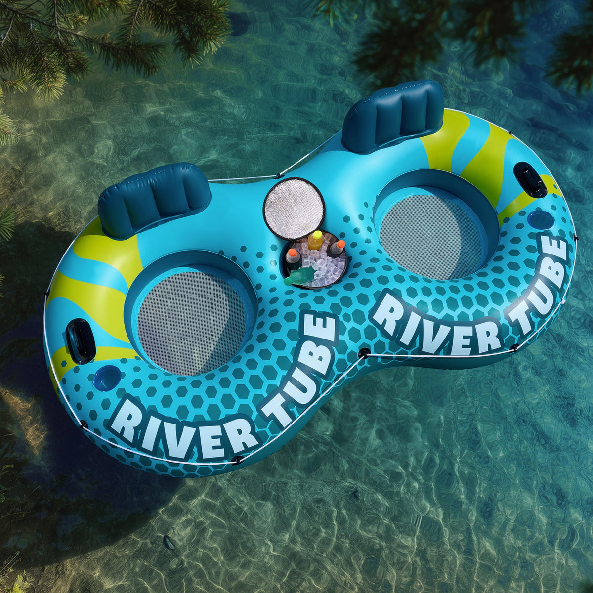 2-Person Inflatable River Tube with 2 Cup Holders & Removable Cooler G991