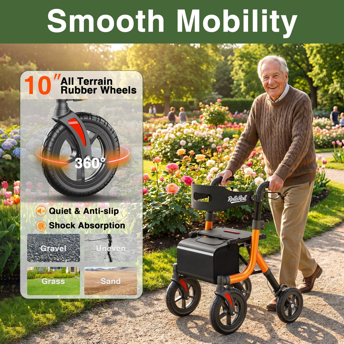 Orange Foldable All Terrain Rollator Walker with Seat Z39795