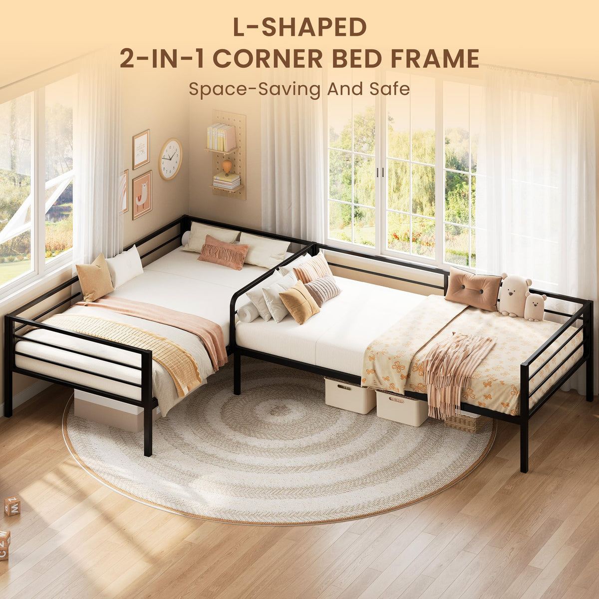 Black L Shaped Twin Beds with Rails Z2873